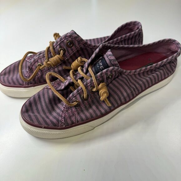 SPERRY TOP-SIDER WOMENS SIZE 6.5M SHOES SEACOAST STRIPED CANVAS WINE STS93410 - Picture 1 of 8